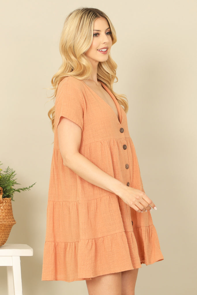 SHORT SLEEVE V-NECK BUTTON DOWN SOLID BABYDOLL DRESS