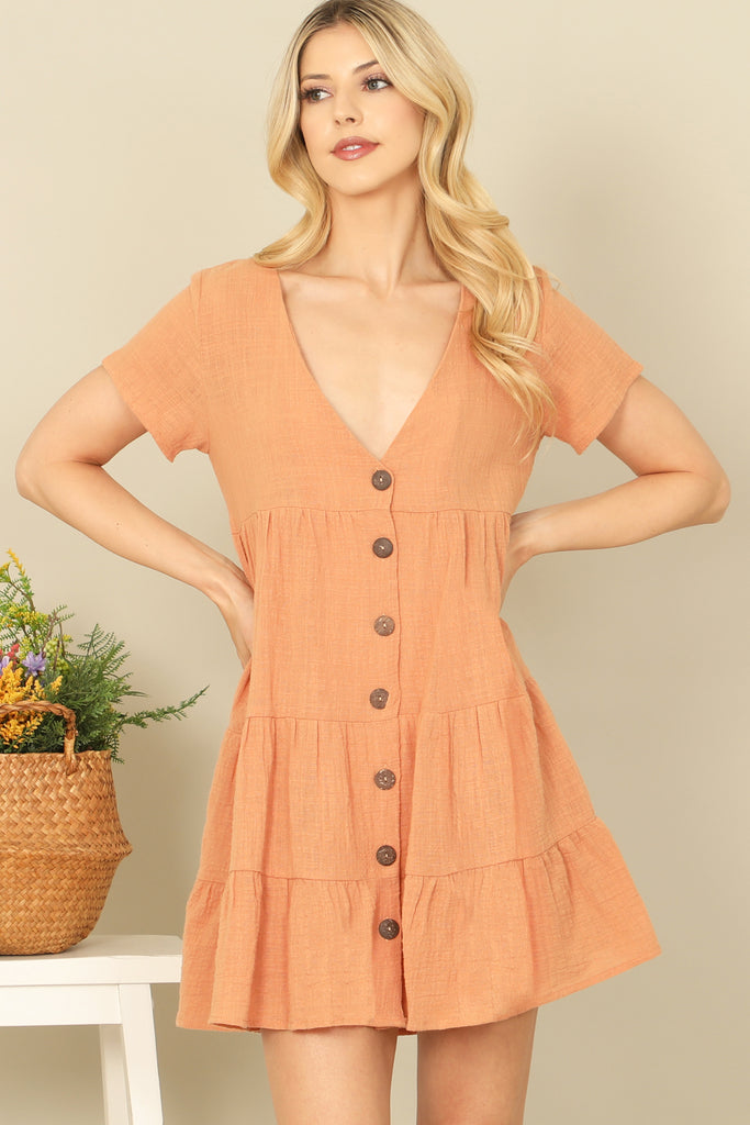 SHORT SLEEVE V-NECK BUTTON DOWN SOLID BABYDOLL DRESS