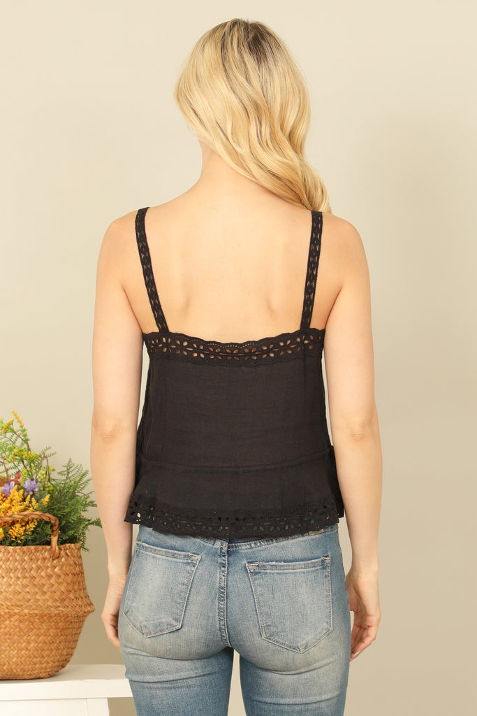 LACE STRAP EYELET AND PLEATED DETAIL SOLID TOP