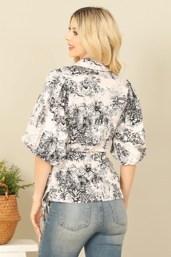 COLLARED V-NECK PUFF SLEEVE WAIST TIE PRINTED TOP