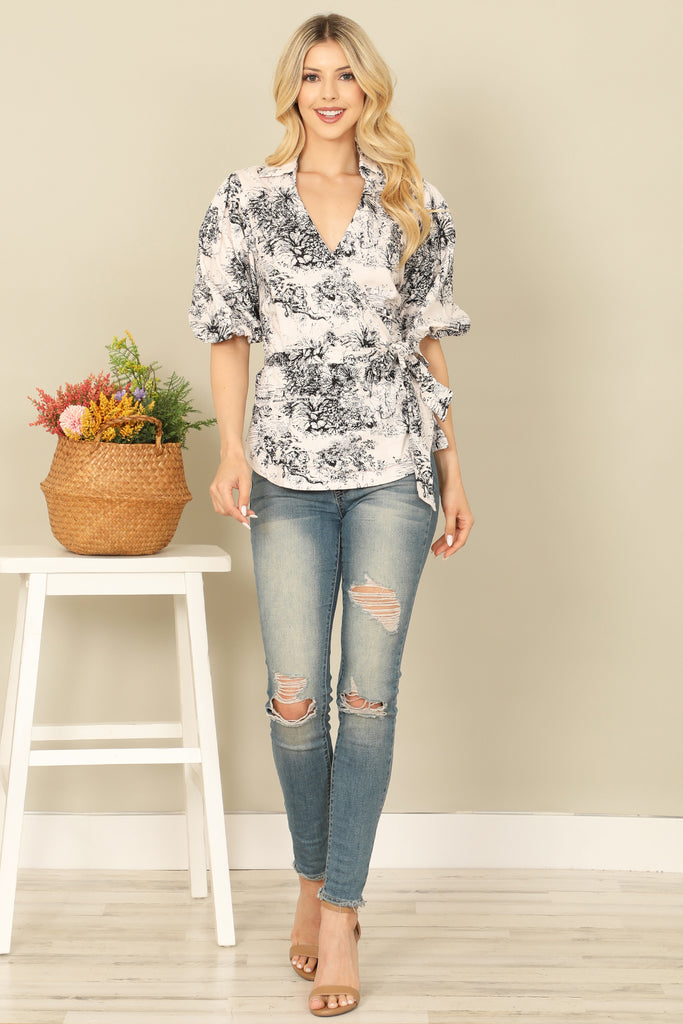 COLLARED V-NECK PUFF SLEEVE WAIST TIE PRINTED TOP