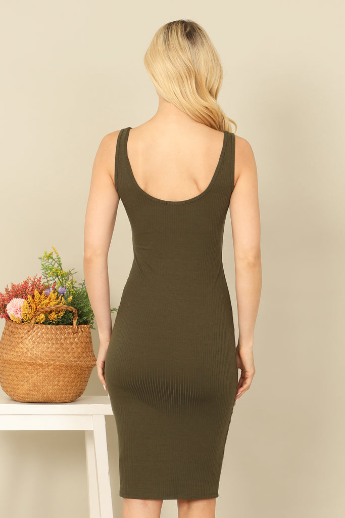 RIBBED NOTCH NECK SLEEVELESS SOLID BODYCON DRESS