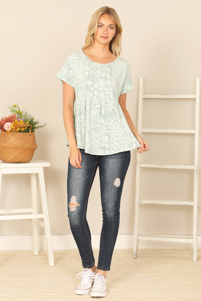 SHORT SLEEVE PLEATED WAIST PRINTED TOP