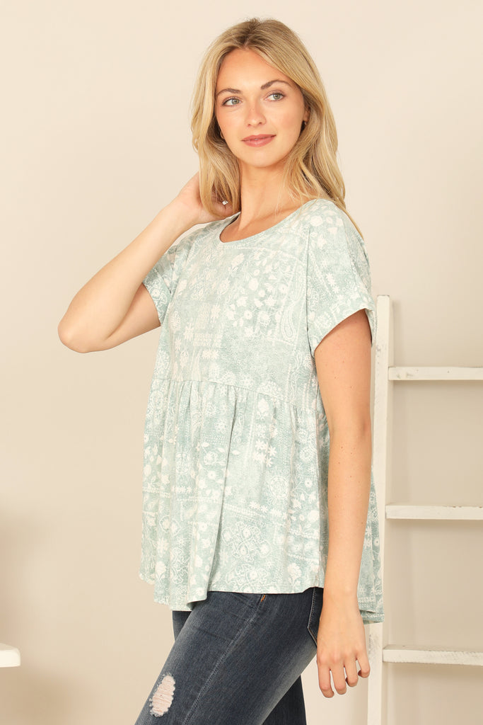 SHORT SLEEVE PLEATED WAIST PRINTED TOP