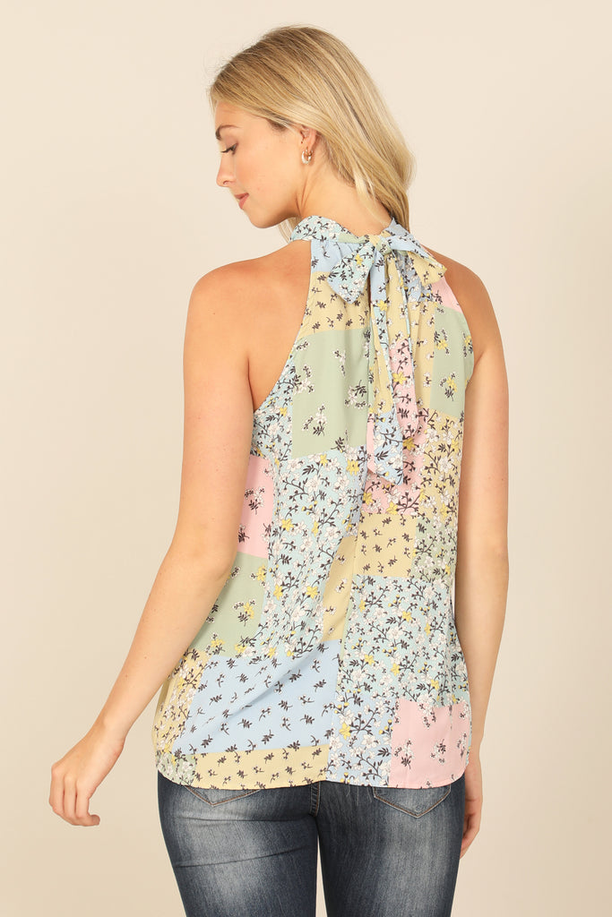 KEYHOLE HALTER NECK WITH TIE COLOR BLOCK FLORAL TOP