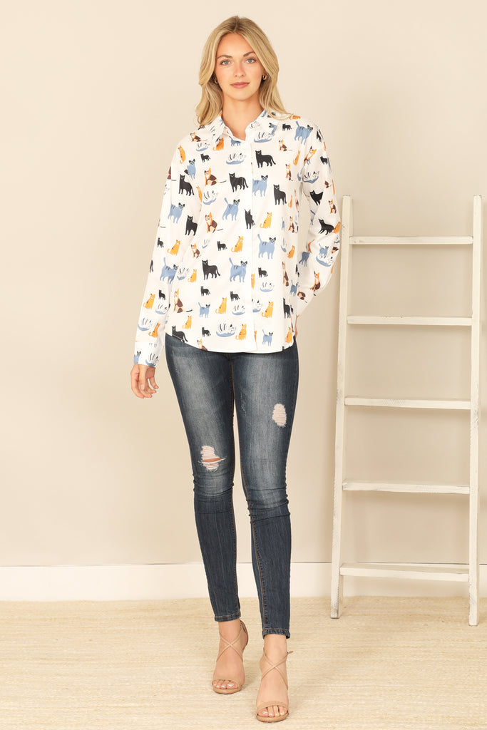 COLLARED LONG SLEEVE CAT PRINT TOP