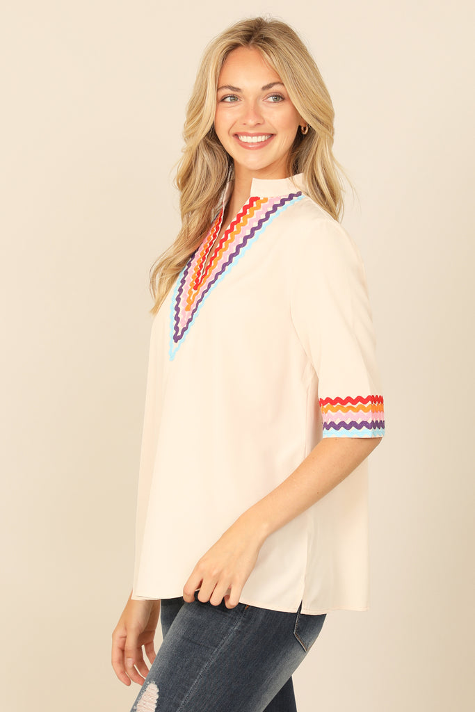 V-NECK MANDARIN COLLAR WAVE PRINT HALF SLEEVE TOP