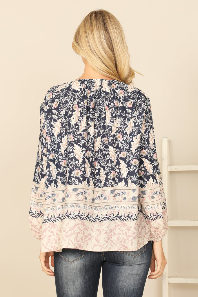 MIX LONG PUFF SLEEVE PRINTED TOP