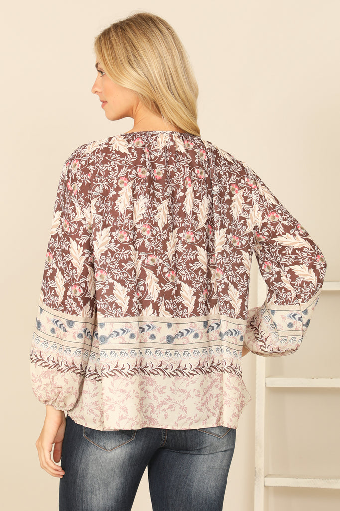 MIX LONG PUFF SLEEVE PRINTED TOP