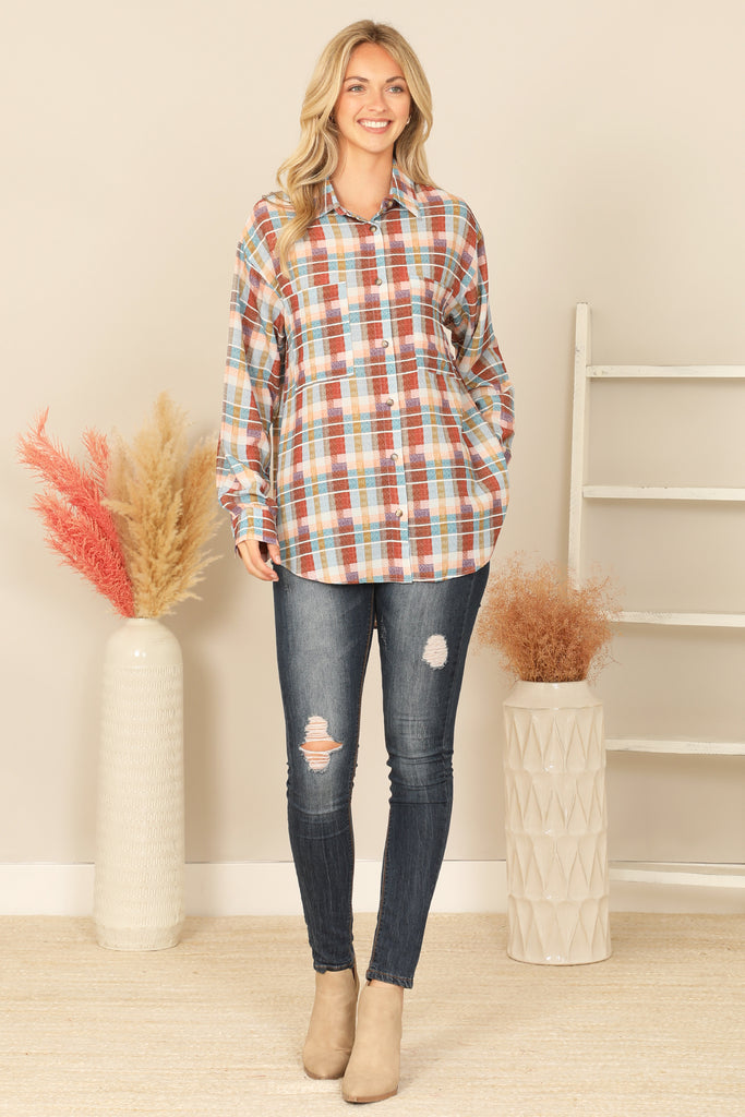 MIX LONG SLEEVE PLAID TOP