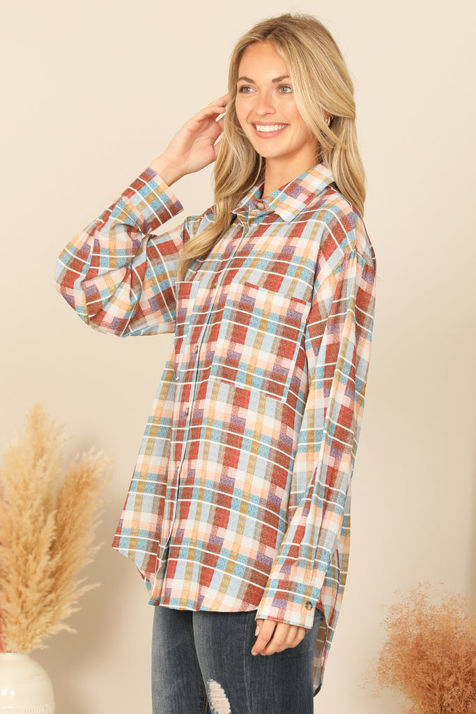 MIX LONG SLEEVE PLAID TOP