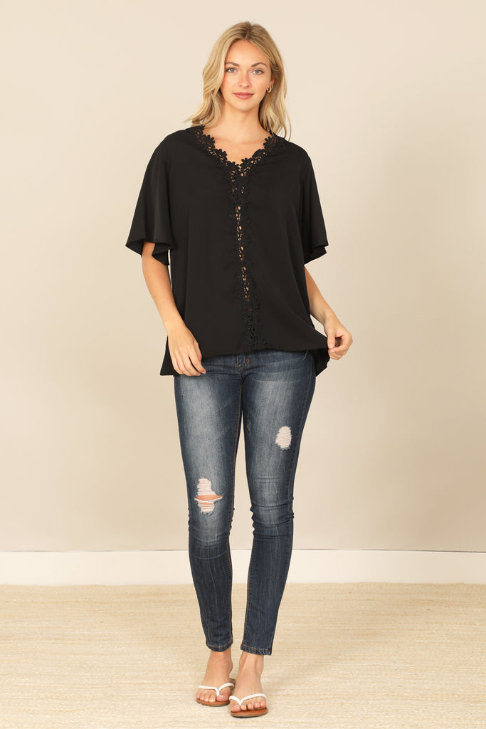 DOLMAN SLEEVE LACE FRONT DETAIL SOLID TOP