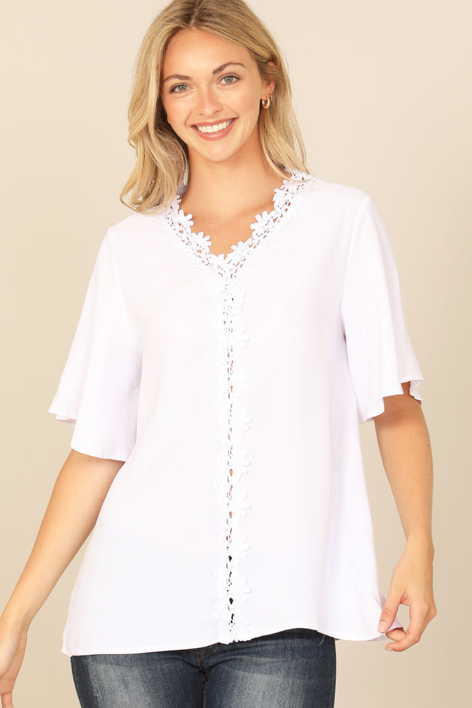 DOLMAN SLEEVE LACE FRONT DETAIL SOLID TOP