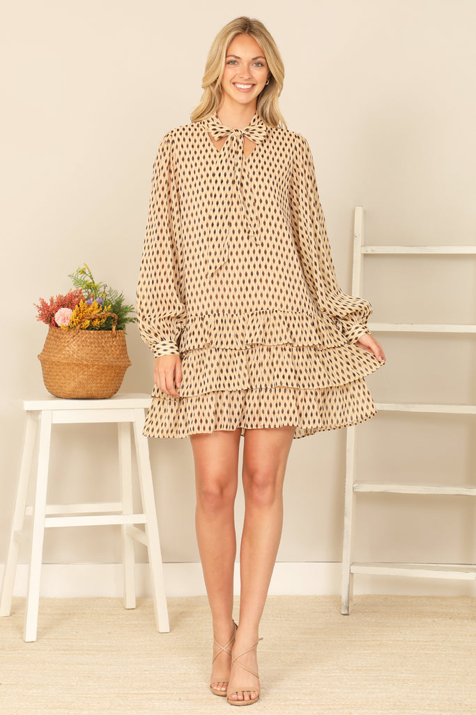 RIBBON NECK LONG PUFF SLEEVE RUFFLE LAYERED HEM PRINTED DRESS