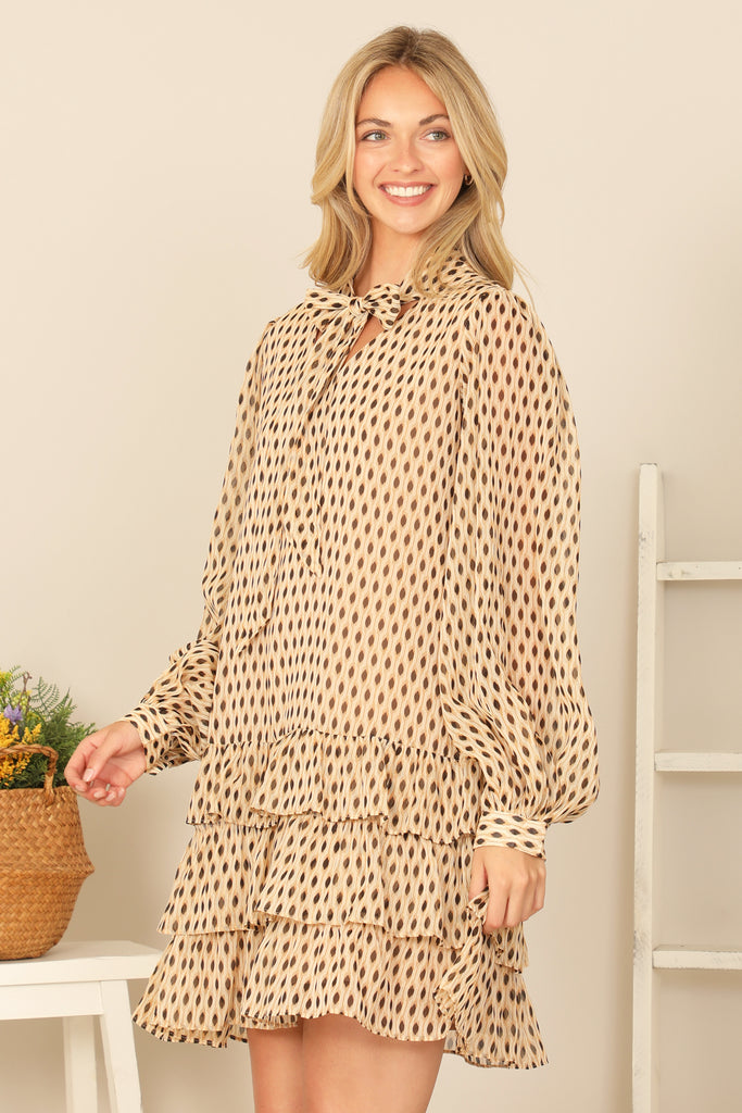 RIBBON NECK LONG PUFF SLEEVE RUFFLE LAYERED HEM PRINTED DRESS