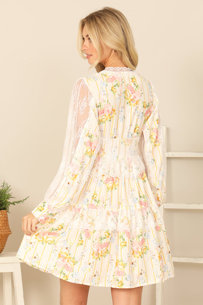 V-NECK FLORAL LONG SLEEVE LACE DETAIL DRESS