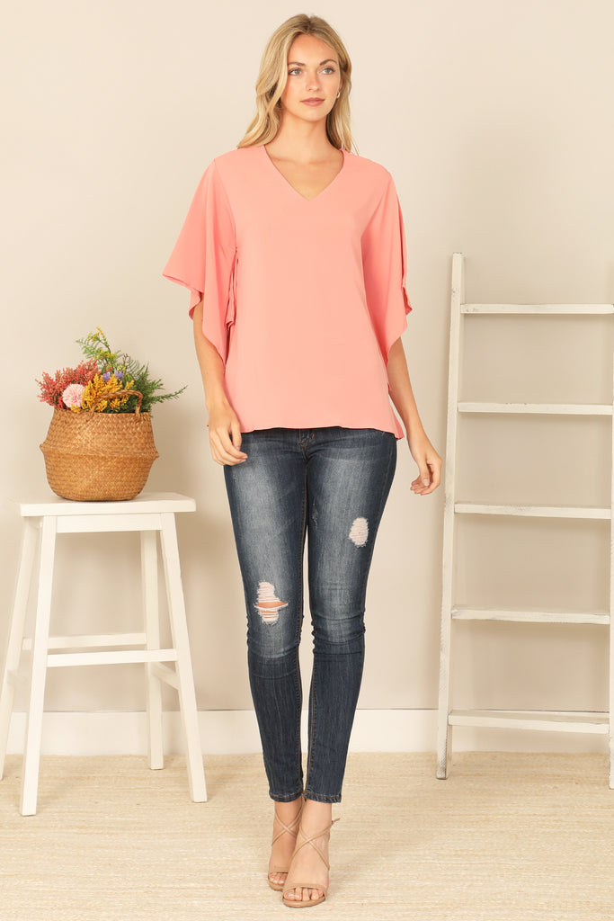 V-NECK BUTTERFLY SLEEVE SOLID TOP