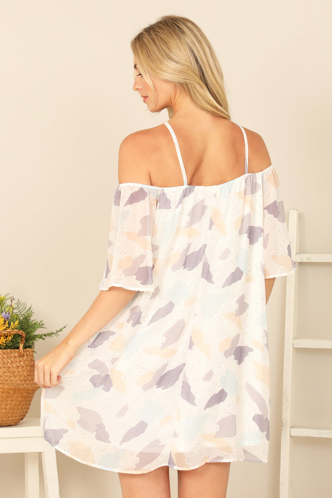 CROSS NECK OFF SHOULDER PRINTED MINI DRESS