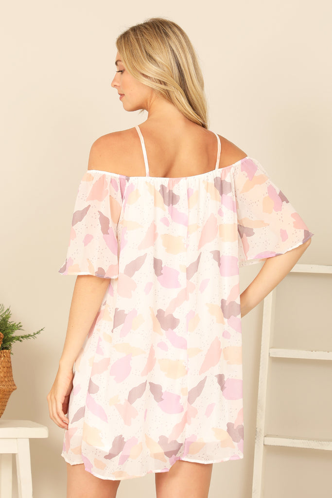 CROSS NECK OFF SHOULDER PRINTED MINI DRESS