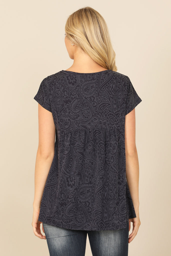 SHORT SLEEVE ROUND NECK PLEATED PEPLUM PAISLEY TOP