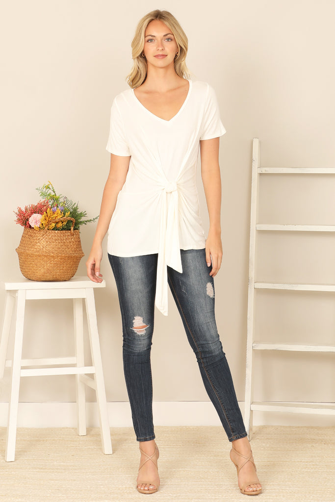 SHORT SLEEVE V-NECK TWIST FRONT SOLID TOP