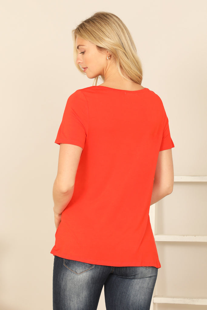 SHORT SLEEVE V-NECK TWIST FRONT SOLID TOP