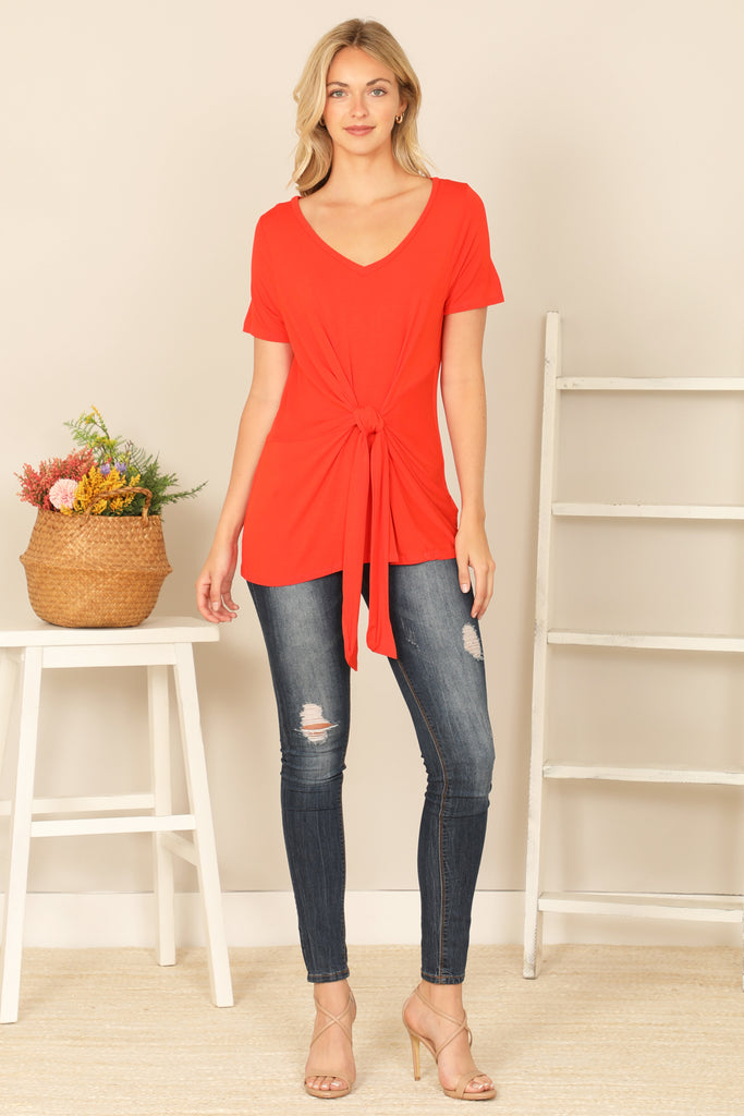 SHORT SLEEVE V-NECK TWIST FRONT SOLID TOP