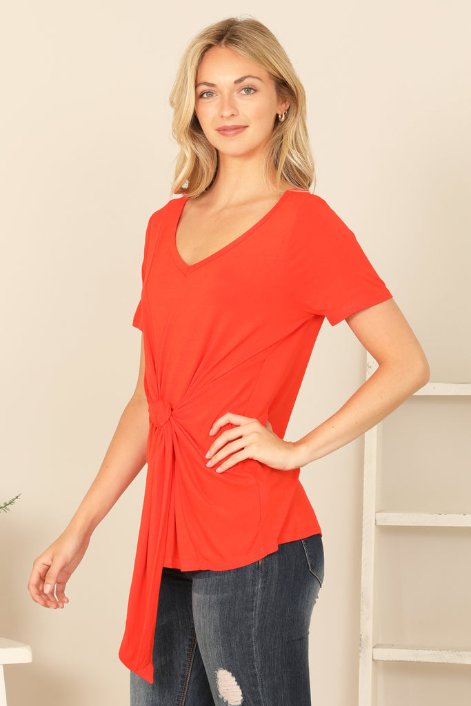 SHORT SLEEVE V-NECK TWIST FRONT SOLID TOP