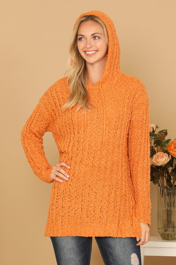 RIBBED POPCORN KNIT TUNIC HOODIE SWEATER Riah Fashion