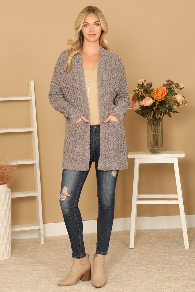 POPCORN FRONT POCKET OPEN CARDIGAN