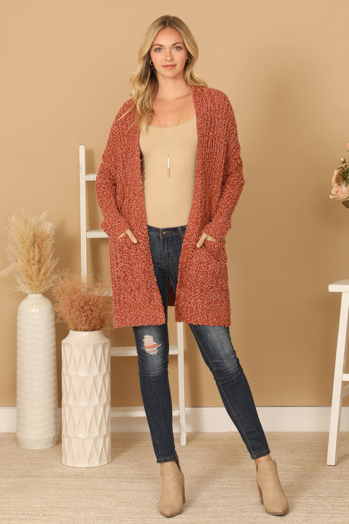 POPCORN FRONT POCKET OPEN CARDIGAN