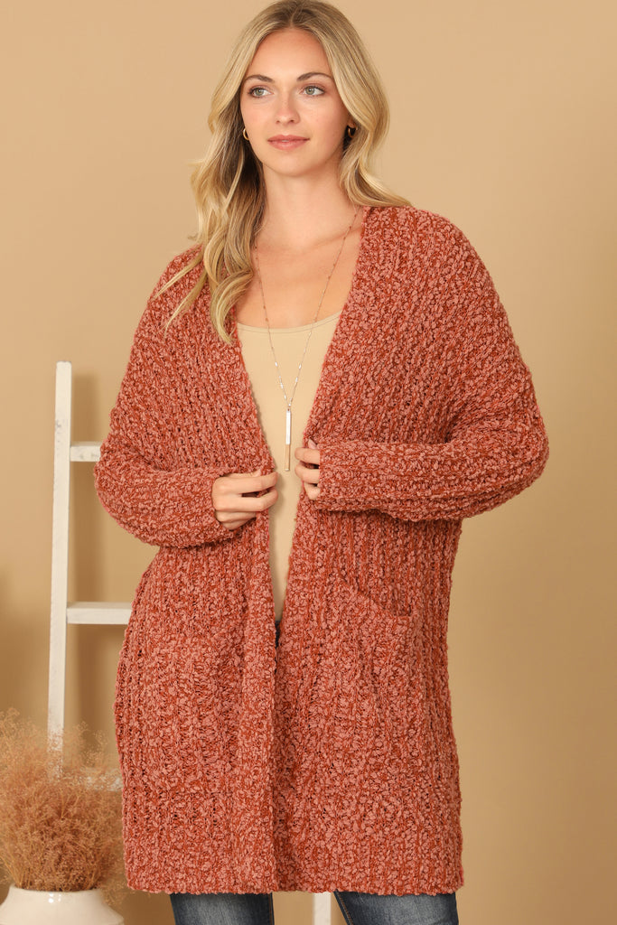 POPCORN FRONT POCKET OPEN CARDIGAN