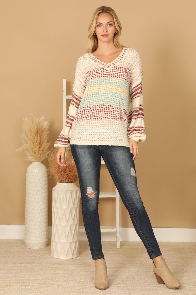 V-NECK STRIPED KNIT SWEATER