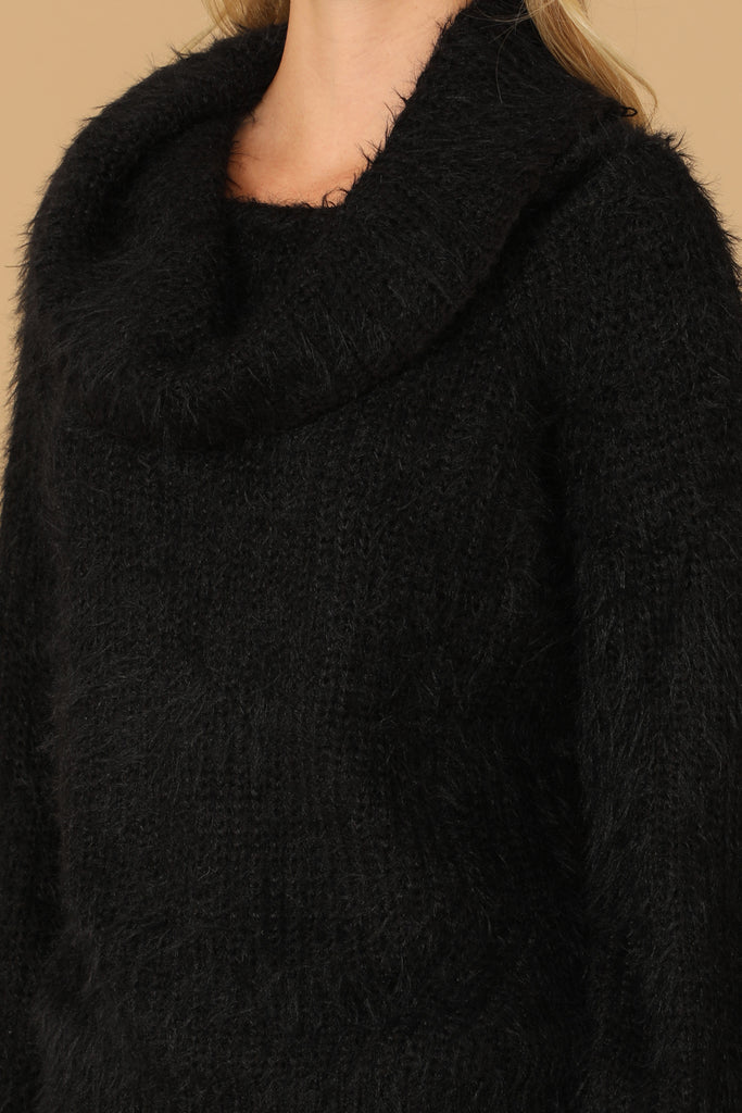 COWL NECK FLUFFY KNITTED SWEATER