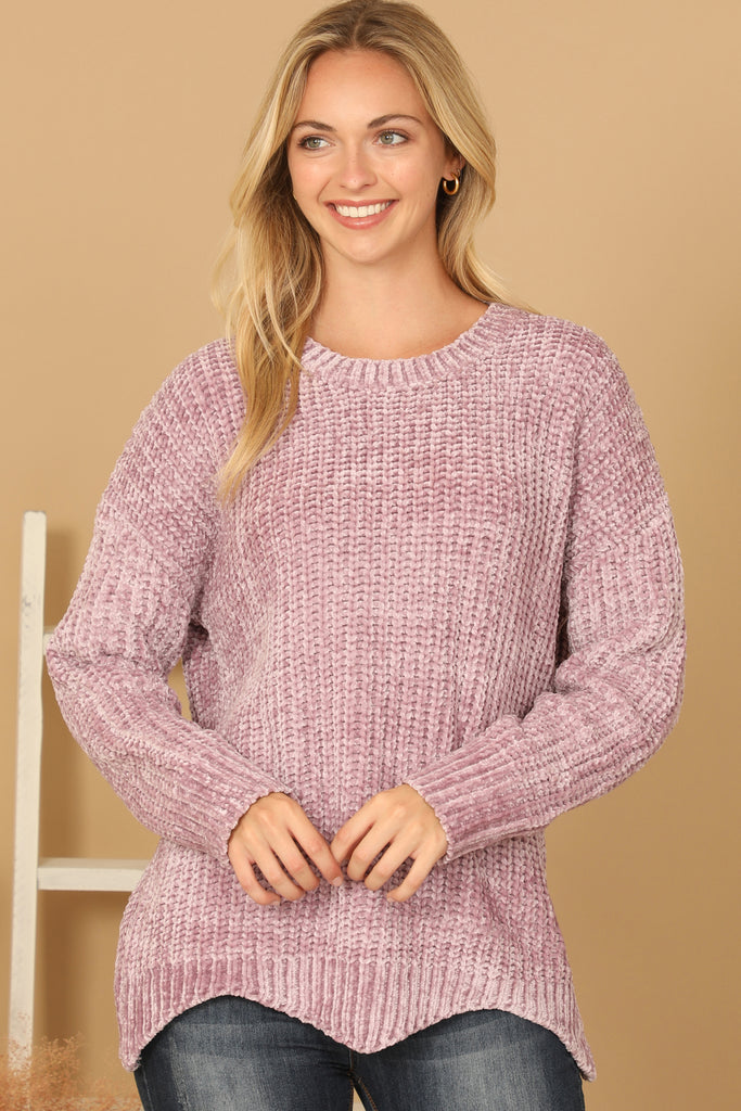 CHUNKY CHENILLE KNIT SWEATER WITH SCALLOPED HEM SWEATER