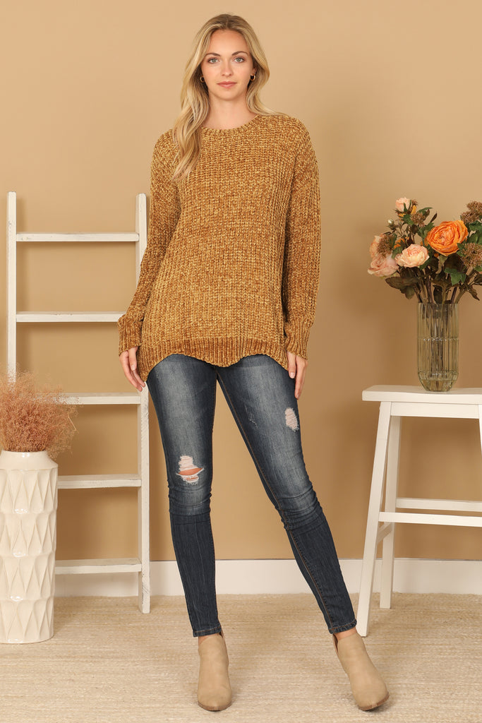 CHUNKY CHENILLE KNIT SWEATER WITH SCALLOPED HEM SWEATER