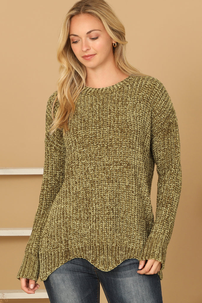 CHUNKY CHENILLE KNIT SWEATER WITH SCALLOPED HEM SWEATER