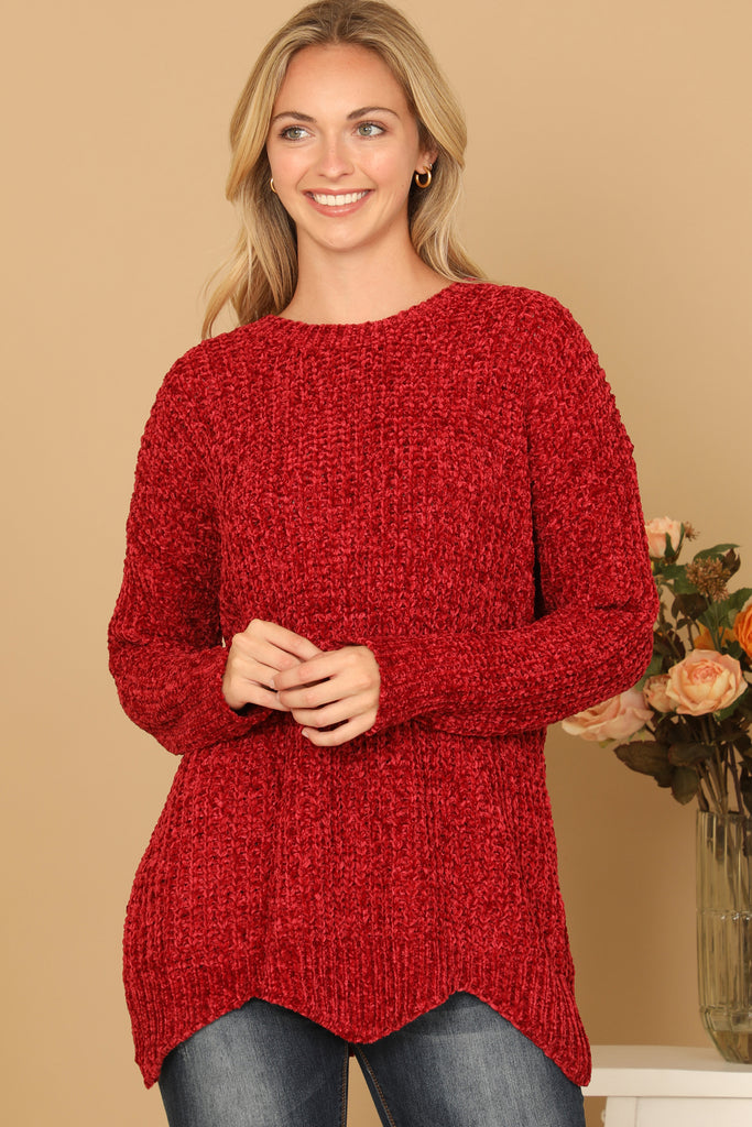 CHUNKY CHENILLE KNIT SWEATER WITH SCALLOPED HEM SWEATER