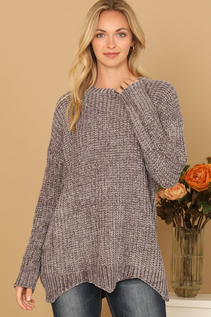 CHUNKY CHENILLE KNIT SWEATER WITH SCALLOPED HEM SWEATER