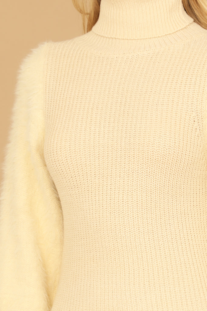 FUR SLEEVES RIBBED TURTLENECK SWEATER