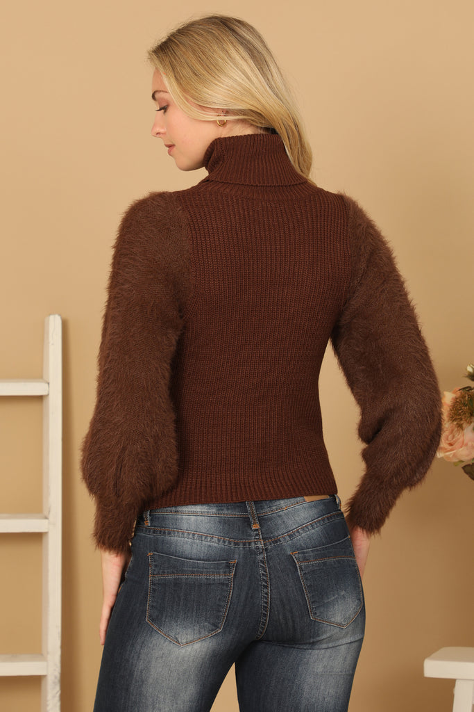 FUR SLEEVES RIBBED TURTLENECK SWEATER