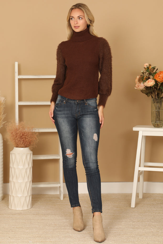 FUR SLEEVES RIBBED TURTLENECK SWEATER