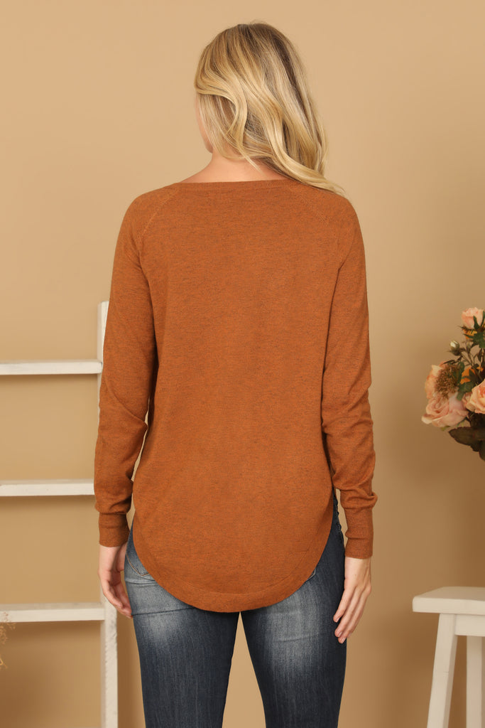 V-NECK LONG SLEEVE CURVE HEM SWEATER