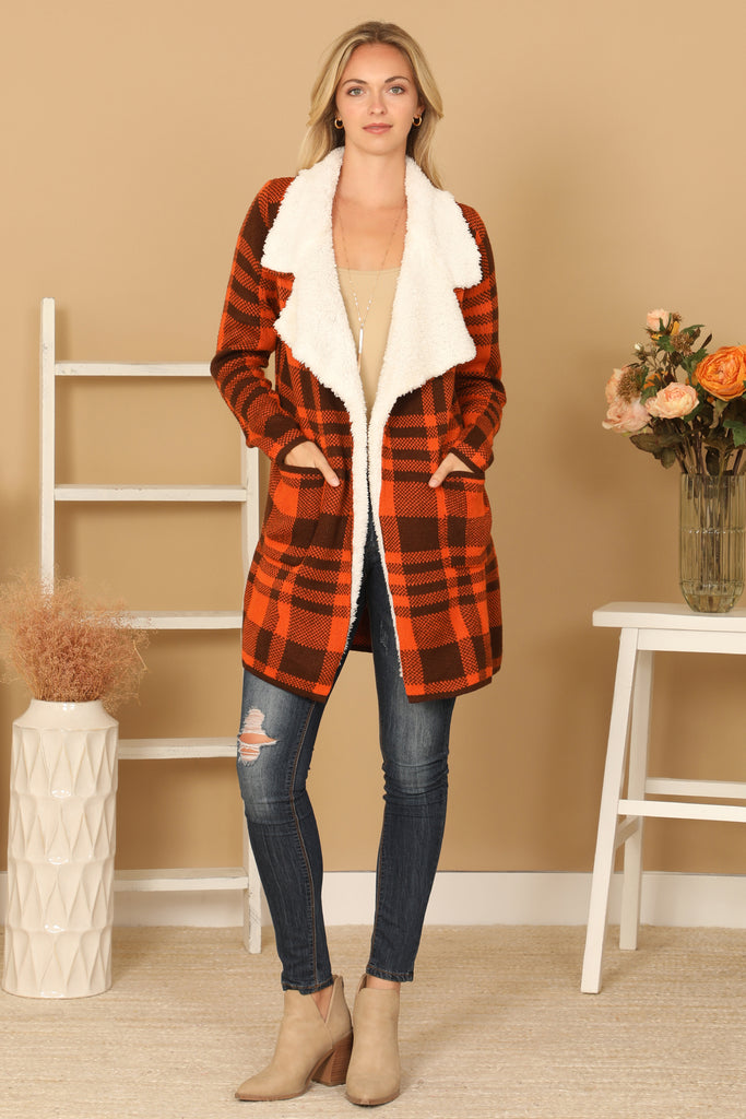 PLAID FUR LINED COAT WIDE COLLARS JACKET