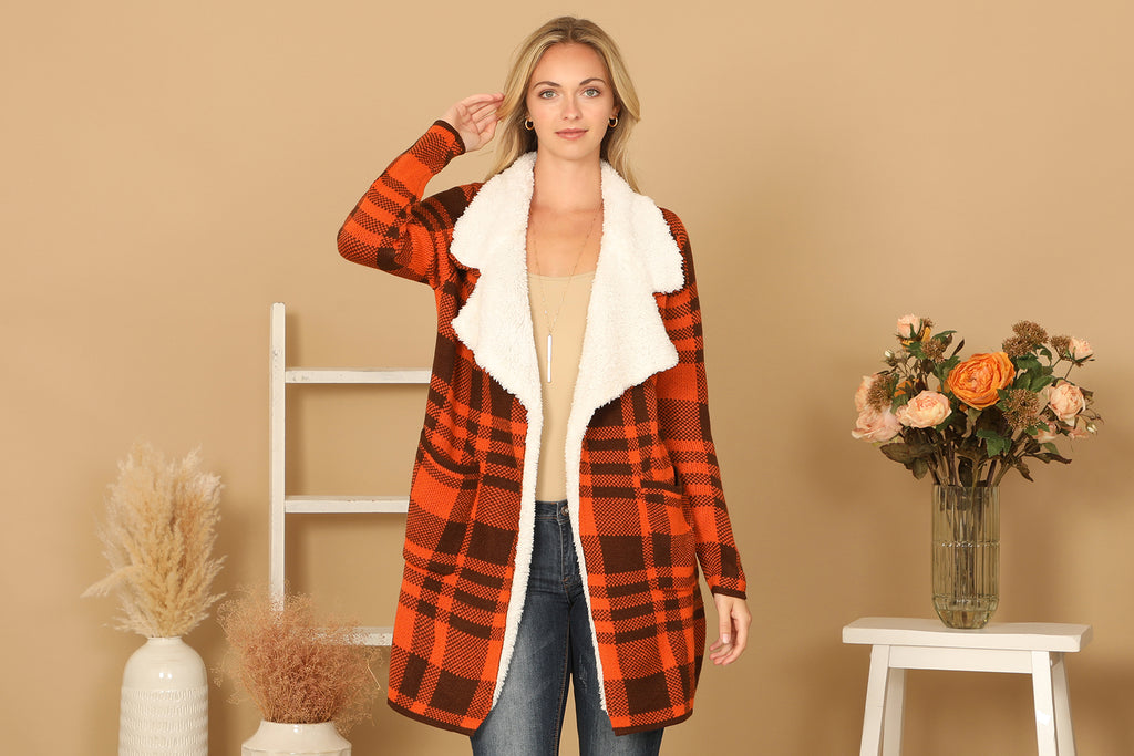 PLAID FUR LINED COAT WIDE COLLARS JACKET