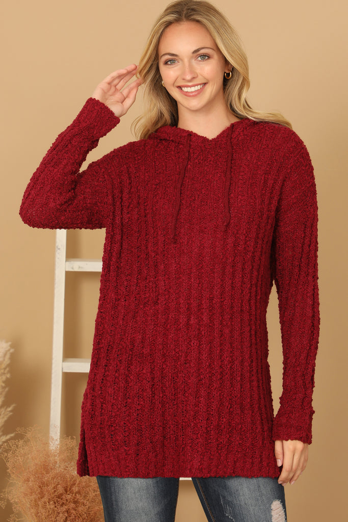 Hooded popcorn knit sweater hotsell