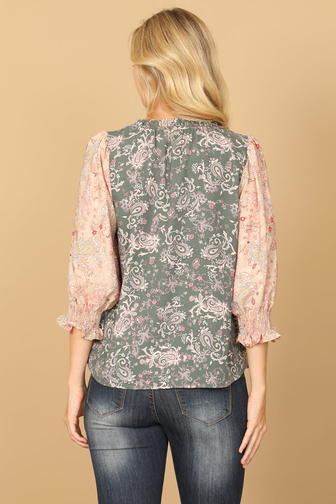 PAISLEY SMOCKED HALF SLEEVE CONTRAST TOP