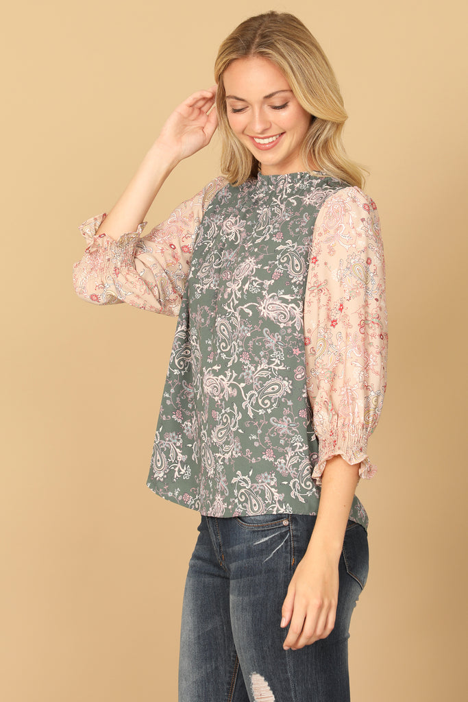 PAISLEY SMOCKED HALF SLEEVE CONTRAST TOP