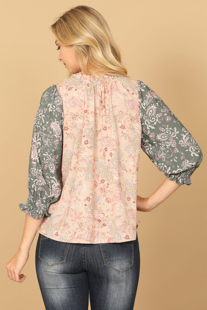 PAISLEY SMOCKED HALF SLEEVE CONTRAST TOP