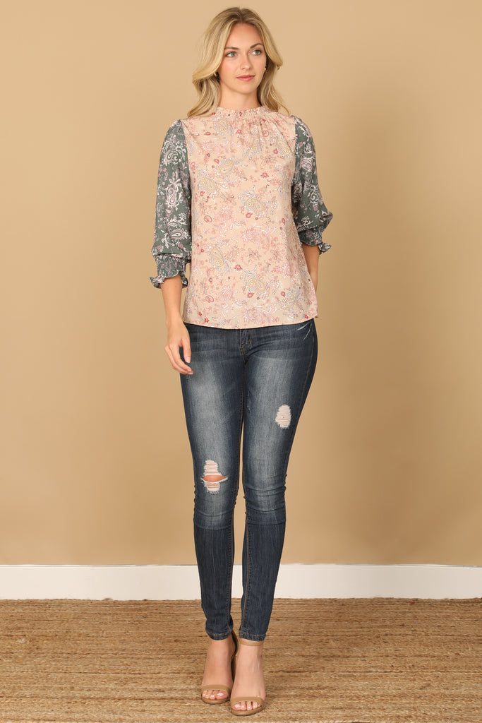 PAISLEY SMOCKED HALF SLEEVE CONTRAST TOP